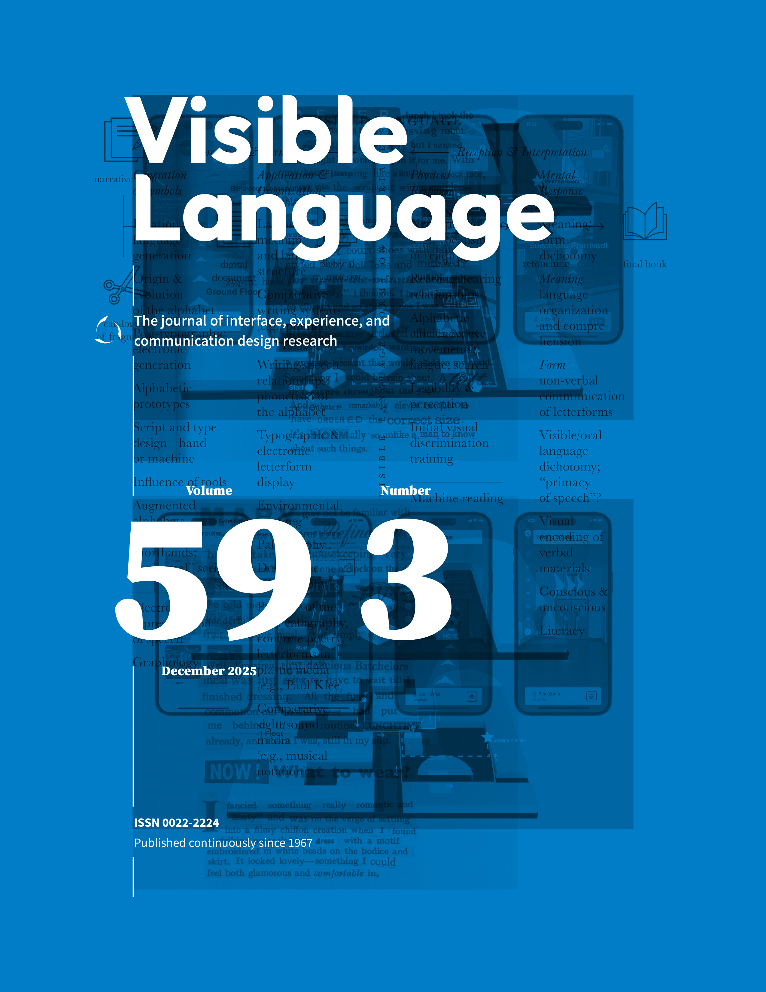 The title for Visible Language, volume 59, number 3, appears over a dark background with diagrams and other imagery densely layered.