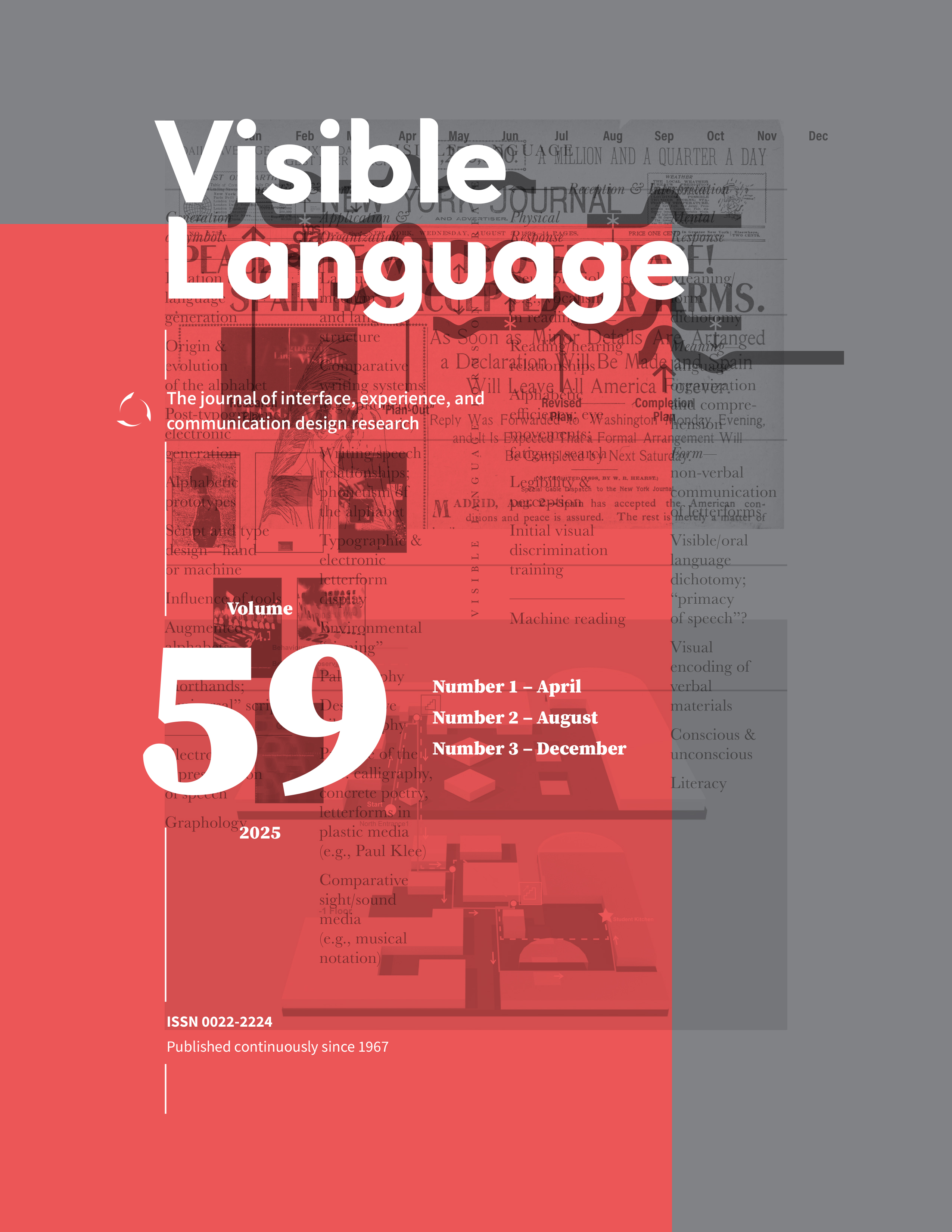 Elements from a journal’s figures are printed on top of each other in black over gray and over a red area inscribed in the gray area. Titling sits atop in white: Visible Language, volume 59, 2025, with number 1 April, number 2 August, and number 3 December all listed.