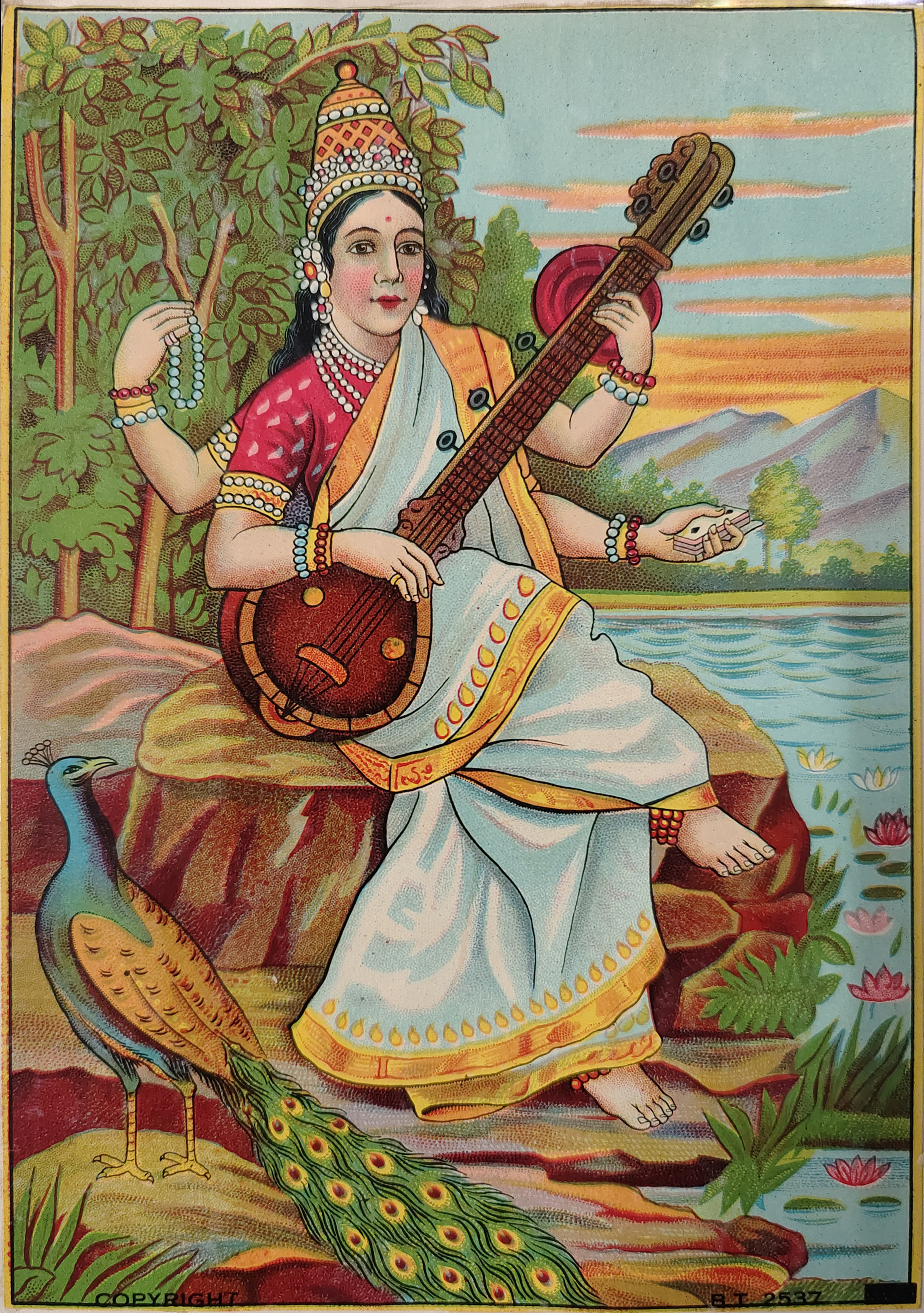 Textile ticket depicting the goddess Saraswati, copied from an oil painting by Raja Ravi Varma. While posture and attributes are retained, the image is simplified and anglicized. Designed and printed by B. Taylor and Co., early 20th century. 150 × 210 mm. Reproduced with permission: Centre for Ephemera Studies, University of Reading.