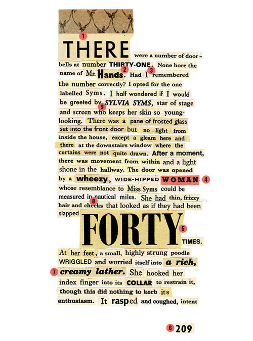 A page is set in typography from various sources, looking like a ransom note. The words THERE, FORTY, WOMAN, A RICH, and CREAMY LATHER are visible, but the remaining words, which are legion, are not visible at this scale.