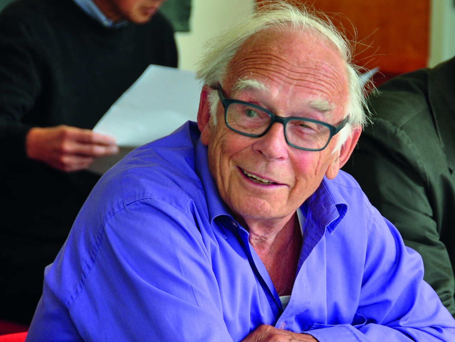 The late Professor Michael Twyman smiles at an 80th birthday celebration for his colleague James Mosley in 2015. Photograph by Paul Luna.